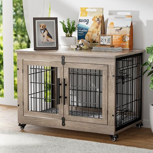 GIKPAL Hundebox für Zuhause mit Kissen, 83cm Hundekäfig Möbel für Drinnen mit Doppeltüren und Rädern, Zimmerkennel, Moderne-Hundebox Holz für Klein, Mittlere Hunde bis zu 45 lb, 83x56x64cm, Grau