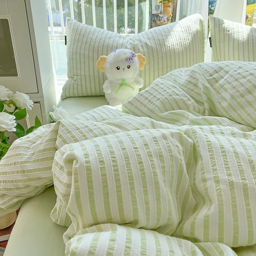 Set copripiumino, completo biancheria da letto matrimoniale in cotone, tinta unita semplice, a righe in cotone seersucker, 4 pezzi, super morbido, confortevole e traspirante, set di decorazioni per la