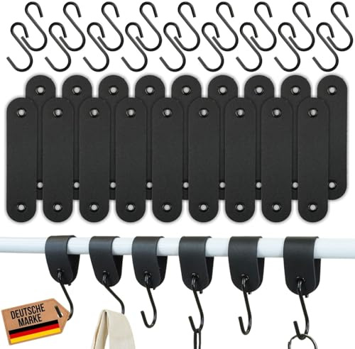 V VEJK ® 18 Haken Set – Kleiderhaken Stange – S Haken mit Lederschlaufe – Haken Garderobe für Flur, Bad, Küche – PU-Leder (Schwarz)