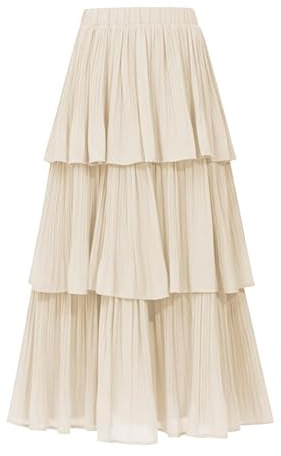OULESIS Long Skirts for Women Elastic High Waist A Line Ruffle Tiered Layered Beige Midi Skirt Pleated 2026 Trendy Elegant Skirts Spring Fall