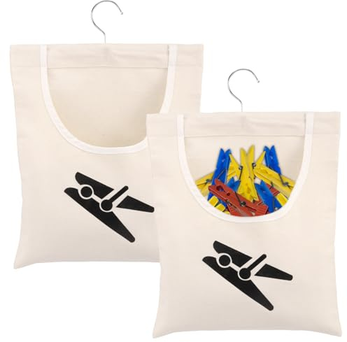 2 Pcs Peg Bags for Washing Line, Cotton Canvas Clothes Peg Bag, Clothes Pegs Bag with 360° Rotation Hanging Hooks, Reusable Pegs Basket for Washing Line Suitable for Clothess Underwear