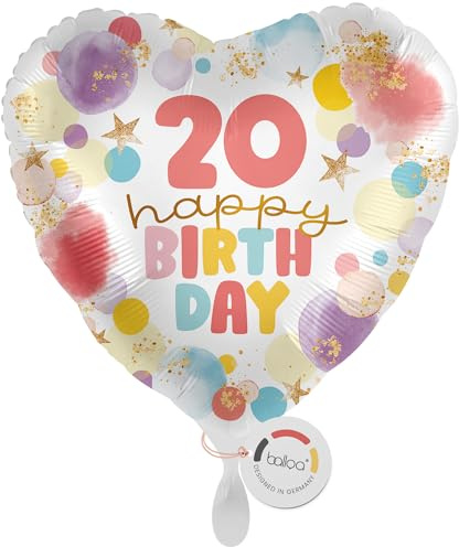 balloa Folienballon Happy Birthday Zahl 20, Geschenk zum 20. Geburtstag, Herzballon mit buntem Motiv, Helium Ballon Luftballon geeignet, Partydeko Geburtstagsdekoration, 33cm