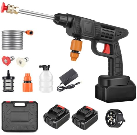 Idropulitrice a Batteria, Max 90 Bar Idropulitrice Portatile con 2 Batteria, Ugello Multispruzzo 6 in 1, Tubo da 5M, Lancia di Prolunga, Strumento per La Pulizia Dell'auto da Esterno