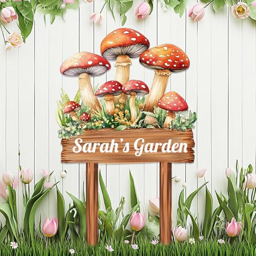 Mushroom Metal Sign Custom with Stake,Personalized Flowers Garden Signs Welcome Plaque for Outside,Customized Birthday Gardening Gift for Gardener,Colorful Mushrooms Ornaments for Lawn Yard Outdoor