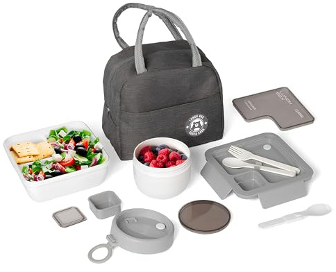 Portapranzo con Borsa Termica Set Lunch Box Completo Porta Pranzo con Contenitori Posate 1,7lt 1100ml+600ml per Microonde Lavastoviglie Freezer Scomparti Ermetici Bento Box Scuola Casa Ufficio Cucina