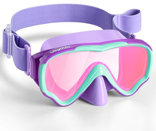 Kids Diving Mask with Nose Cover, Soft Elastic Fabric Strap, Anti-Fog Anti-UV PC Lens Clear Wide View Swim Goggles for Youth