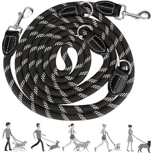 Guinzaglio regolabile da 3 m, con 2 moschettoni, guinzaglio versatile in nylon e guinzaglio a tracolla, guinzaglio per cani di taglia grande e media (nero)