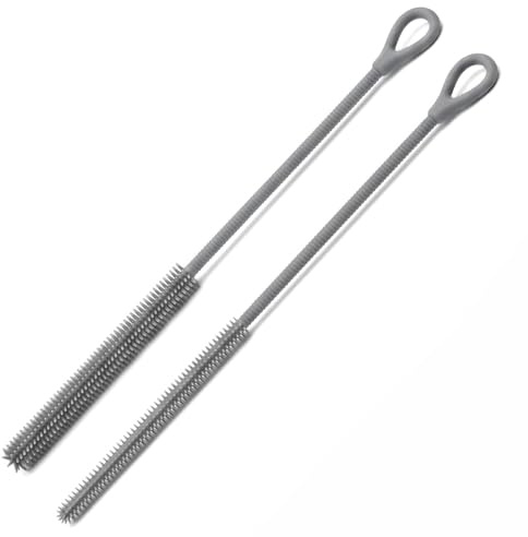 2 Pack Silicone Straw Cleaner Brush, 6mm and 9mm Extra Long Reusable Straw Cleaning Brush for Cups, Water Bottles and Tumblers, Flexible Pipe Cleaners with Hanging Loop (Grey)