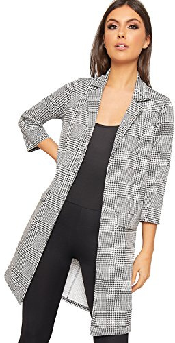 WearAll Women's Houndstooth Check Print Long Sleeve Open Jacket New Ladies Duster Coat 6-14