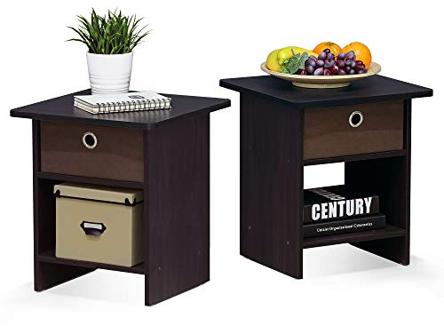 Furinno Dario End Table/ Night Stand Storage Shelf with Bin Drawer, Dark Walnut, Set of 2