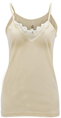 Maria Angel Ladies Plain Camisole Cotton Vest Top Lace Trim Neck Design Cami Tank Strappy (1000) (XLarge 16-18, Beige)