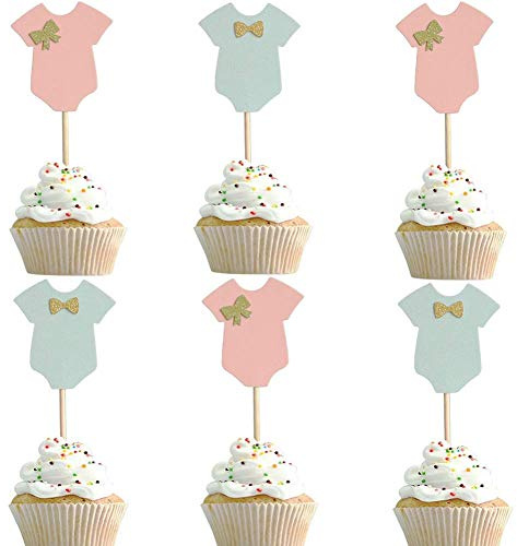 Dusenly 24 x Golden Glitter Bowknot Gender Reveal Cupcake Toppers Boy or Girl Baby Shower Party Mark Cake Topper Decoration Supplies (Ready to use)