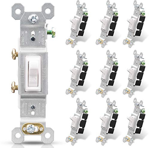 ELEGRP Single Pole Toggle Light Switch, 15 Amp, 120 Volt, Toggle Framed AC Quiet, in Wall On/Off Switch Replacement, Self-Grounding, Residential and Commercial Grade, UL (10 Pack, Glossy White)