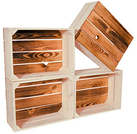 CHICCIE 4 Set Holzkiste Grete 38x28x15cm - Geflammt Weiß Dekokiste Weinkiste