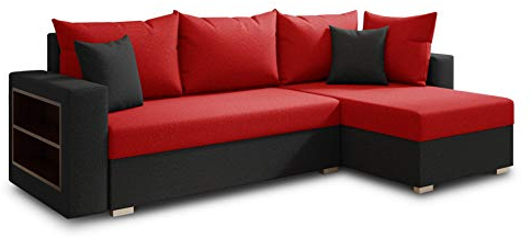 Ecksofa Lord mit praktischen Regal - Sofa mit Bettkasten und Schlaffunktion, Schlafsofa, Polsterecke, Couch L-Form, Couchgarnitur, Sofagarnitur (Schwarz + Rot (Alova 04 + 46), Ecksofa Rechts)