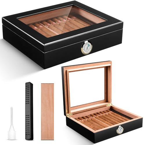CIGARLOONG Cigar Humidor with Humidifier and Hygrometer Hold up to 20-25 Cigars Spanish Cedar Desktop Cigar Storage Box for Cigar Lovers(Color:Black1)