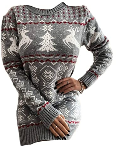 eBoutik - New Ladies Christmas Oversized Wool Jumper Dress - Festive Long Sleeve Winter Knitted Pullover - Perfect for Christmas Markets, Parties or Everyday Fashonalble Wear (Grey Christmas Tree)
