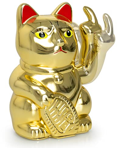 ANGRY CAT - Winkekatze Lucky CAT - Lustige winkende Katze - japanische Winkkatze mit Stinkefinger - Dekoartikel Wackelfigur Katze - Winke-Arm mit Mittelfinger - 15cm, Gold