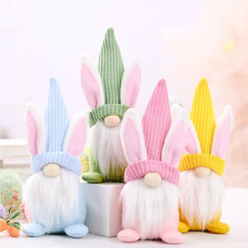 YOUEON 4 Pack Easter Bunny Gnomes Spring Gift, 7.5 Inch Handmade Easter Gnomes Decorations for Home Centerpiece, Swedish Tomte Elf Plush, Cute Faceless Dwarf Ornaments, 4 Colors