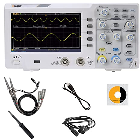 OWON SDS1102 Digitales Speicher-Oszilloskop mit 2 Kanälen, 1GS/s Abtastrate, 17,8 cm hochauflösendes LCD, 100 MHz Bandbreite, tragbares professionelles Oszilloskop-Set, super wirtschaftlicher Typ