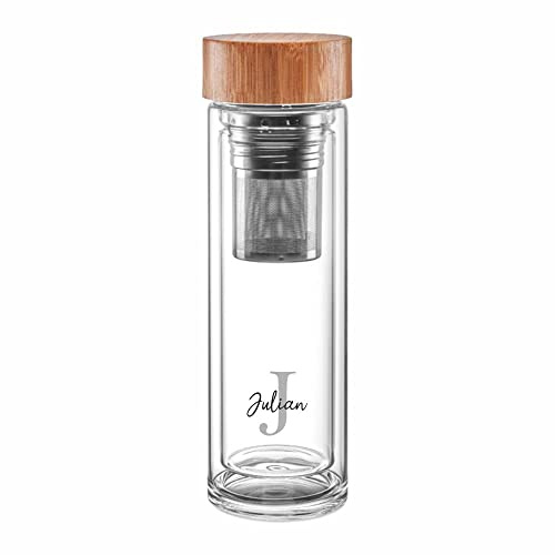 4you DESIGN Thermos-Glasflasche mit Namen bedruckt Design Letter | Doppelwandiges Glas | Geniales Geschenk mit herausnehmbares zweiteiliges Edelstahl Teesieb | Grau 450ml Höhe 24cm