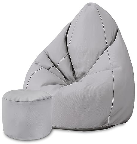 DreamRoots Sitzsack für Kinder und Erwachsene - Sitzsack mit Füllung, Lehne, Hocker und Bezug - Oxford Stoff 220 gr/m2 Wasserdicht - Sitzkissen Boden - Chill Sack M, Hellgrau