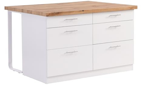 Vente-unique - Isla Central de Cocina con 6 cajones de MDF y Metal - Blanco y Natural Claro - ALEGRITA