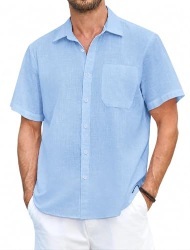HISDERN Camisa Hombre Manga Corta de Verano Azul Claro Camisa de Lino Hombre Color Sólido Shirts Casual Algodón Elegante Camisas con Botónes Regular Fit XXL