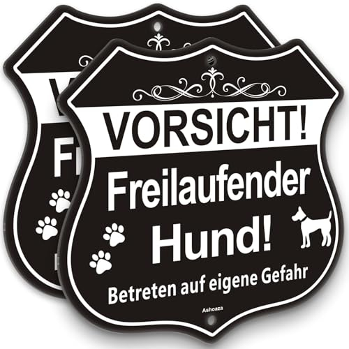 Hier Wache ich Hund | 2 Stück Vorsicht Freilaufender Hund Schild | Ashoaza Vorsicht Hund Schild Aluminium 20x20cm | Warnung vor dem Hund Schilder für den Innen- und Außenbereich