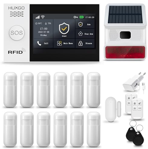 HUXGO® HXA007 Sistema di allarme casa senza fili con Radio Sirena solare esterna WiFi + GSM 4G | Impianto allarme casa kit con 1x sensori di allarme per finestre/portes, 12x rilevatori di movimento