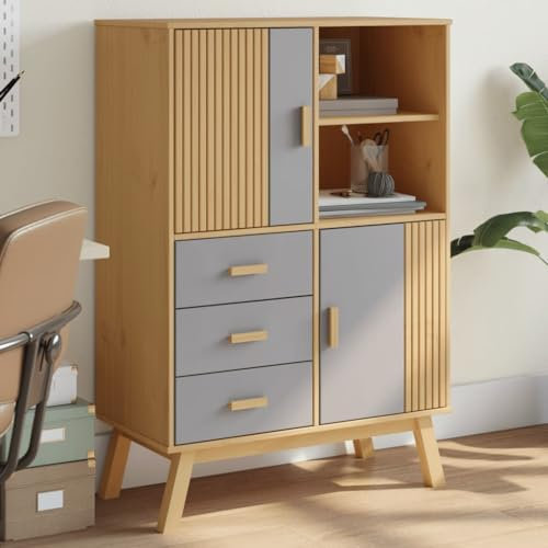 CIADAZ Highboard Olden Grau und Braun 85x43x125 cm Massivholz Kiefer, Kommode, Sideboard, Schuhkommode, Komodenschrank, Kleiderkommode, Küchenanrichte, Flurkommode, Esszimmerschrank - 358616