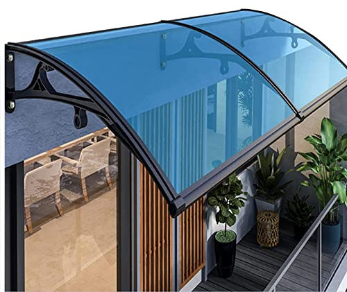 Vordach für die Vordertür, Außenmarkise, Fenster-Regenschutz, Gartenüberdachung, Terrassenveranda-Markise mit Polycarbonatplatte (blau) und Aluminiumrahmen (schwarz) für die Veranda an Vorde
