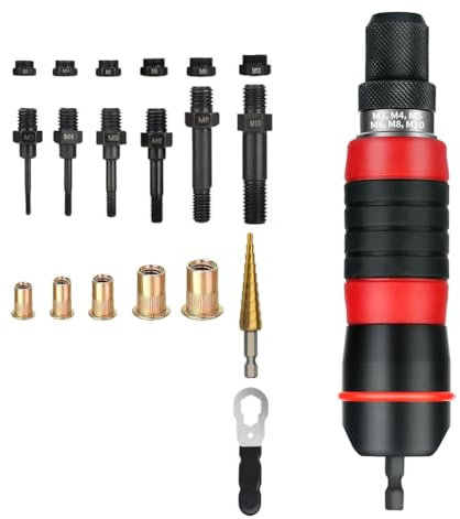 Junterone M3-M10 Herramienta de Remachado Eléctrico Adaptador de Taladro DIY Tuerca Enenchufable Kit de Herramientas de Remachado con Tuercas de Remache