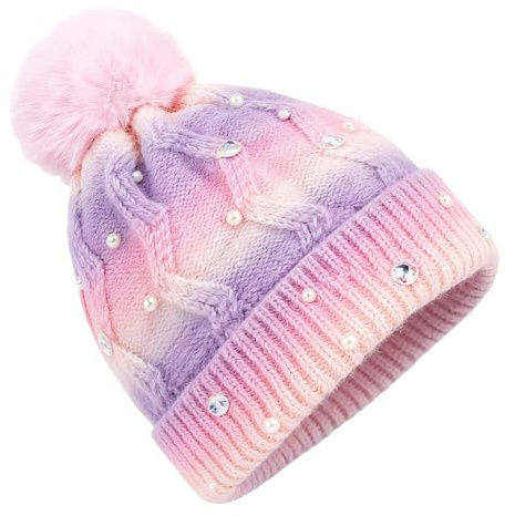 PinkSheep Kids Winter Hat Warmth Girls Beanie Hat with Decorative Accessories, Soft Feel Knitted Hat for Kids Ages 3-14, Fashion Girls Accessories (UK, Age, 7 Years, 14 Years, Gradient Pink)