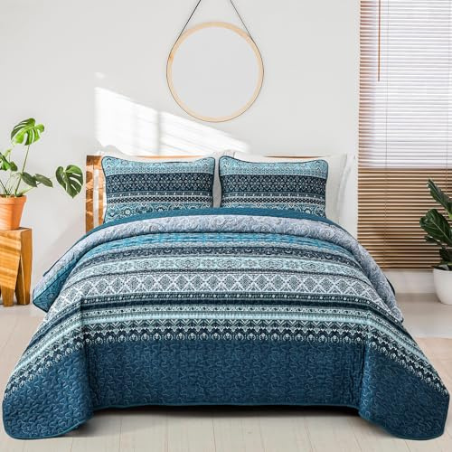 WONGS BEDDING Tagesdecke 200x220 Bettüberwurf Boho Decke Steppdecke 3 Teilig Doppelbett Gesteppt Bettdecke Mikrofaser Wohndecke mit 2 Kissenbezug 50x75 für Schlafzimmer als Sofaüberwurf (Dunkelblau)