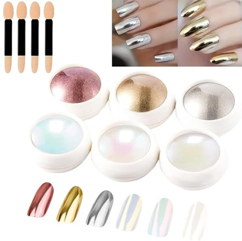 6PCS Pearl Chrome Nail Powder Set, Metallic Glitter Powder for Nail Art Decoration, DIY Salon Nail Decorations