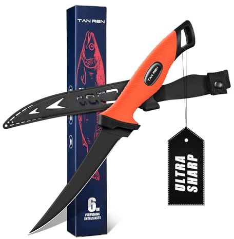 TAN REN Fischfiletiermesser, 14,5 cm, professionelles Filetiermesser zum Filetieren von Fischen, rostfrei für Fleisch mit Scheide