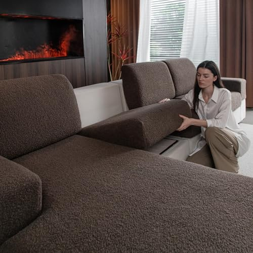 OHSIO Sofa Überzug – Hoch Elastischer, Rutschfester Sitzkissenbezug – Waschbarer, Haustierfreundlicher Sofabezug für Couch, Strapazierfähig(Braun, 1x Chaiselongue-Bezug)