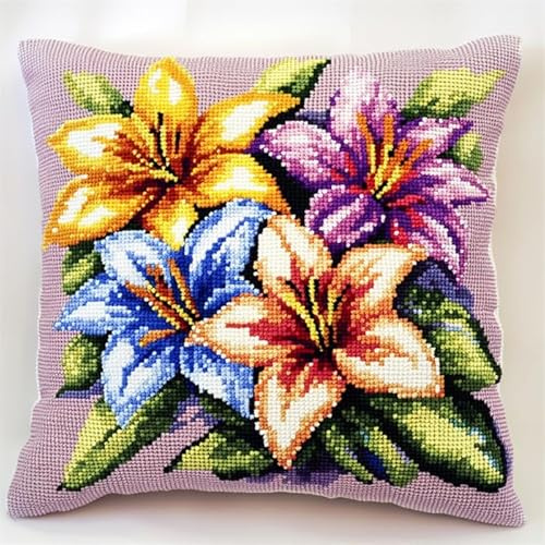 Wallphantom fiori Set per ricamo a punto croce per principianti,Gigli colorati,Cuscino da Ricamare Punto Croce,Kit Punto Croce da Ricamare,45x45cm