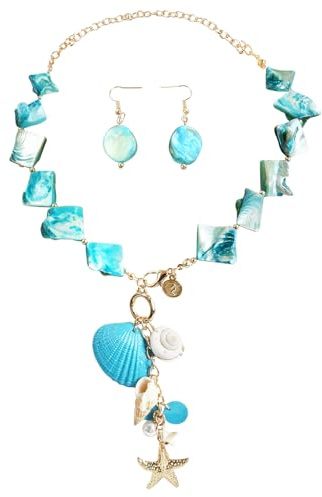 TAXTYHRE Collar con Concha, Collana e Orecchini in Conchiglia Naturale, Conjunto de Joyería Irregular de Nácar, Conjunto de Joyas de Concha, para Mujer y Niñas en Verano - Azul