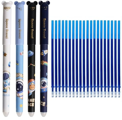 4 Stück Radierbare Gelstifte-Set MIT 20 ERSATZMINEN, Süßes Cartoon-Design mit Radiergummi, Ohne Blattverbrauch, 0,5mm Spitze – Schulsachen für Kinder, Studenten, Schule & Büro (Blau Tinte-C)