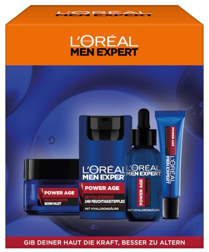 L'Oréal Men Expert Pflegeset gegen Falten für Männer, Geschenkset mit Augenpflege, Serum, Tag & Nachtcreme, Geschenke für Herren mit Hyaluronsäure, Power Age, 2 x 50 ml, 1 x 30 ml, 1 x 15 ml