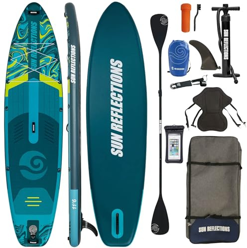 CampSup Sun Reflections XXL 11'6 Combo SUP Board aufblasbar, Stand Up Paddling Set mit Kajaksitz, 2-in-1 Paddel, 350 x 89 x 15 cm, bis 185 kg
