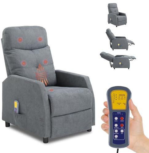 LEADZM Fauteuil Inclinable avec Massage Électrique, Chauffage | et Dossier Basculant à Commande Manuelle, Fauteuil TV pour Chambre à Coucher, Salon et Home Cinéma(Tissu, Gris)