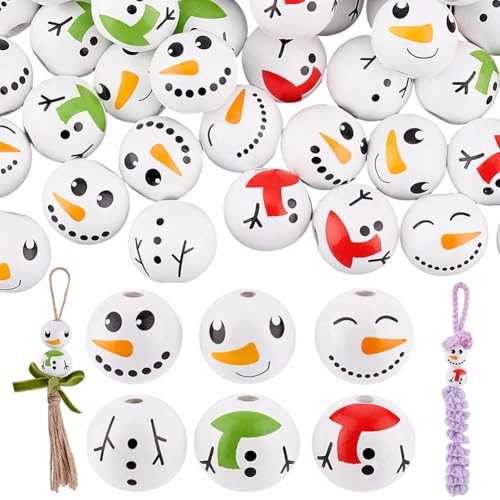 PH PandaHall 6 Styles 20mm Weihnachtsperlen Holz Schneemann Perlen 60 Stück 4.5mm Lochperlen Marame Perlen Für Girlandenherstellung DIY Basteln Neujahrsdekorationen
