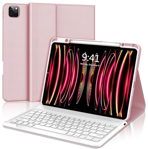FOGARI Coque Clavier pour iPad Pro 12.9 2022/2021/2020/2018, AZERTY Français Étui Clavier Magnétique Bluetooth sans Fil pour iPad Pro 12.9 6è/5è/4è/3è Gén, Rose