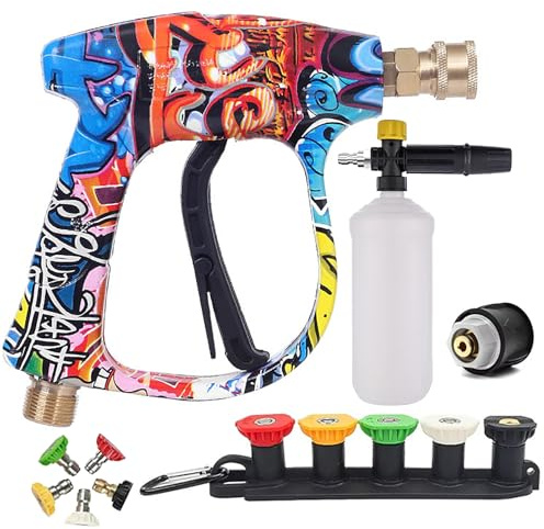 Pistola De Lavado A Alta Presión, Kit De Pulverizador De Agua A Alta Presión Graffiti con 5 Boquillas Pulverizadoras Y Recipiente para Espuma, Pistola De Lavado A Chorro De Liberación Rápida con