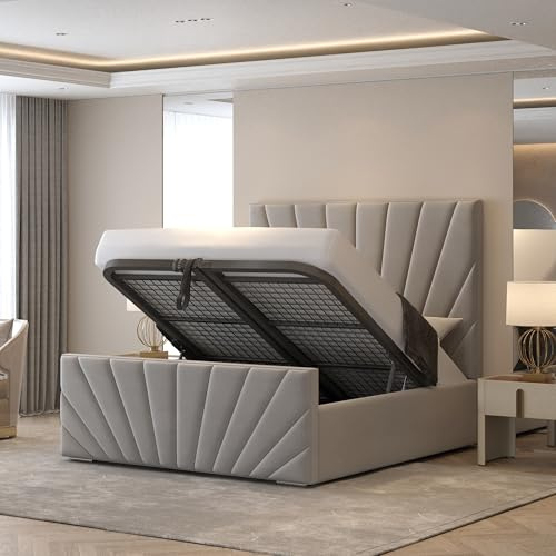 Furnishion Sunrise Ottoman Bed Double 4ft6, Plush Velvet Gas Lift Double Beds Frame with Storage, Luxury Frame with Headboard, Space Saving Double Ottoman Bed for Stylish Bedrooms in Grey Plush