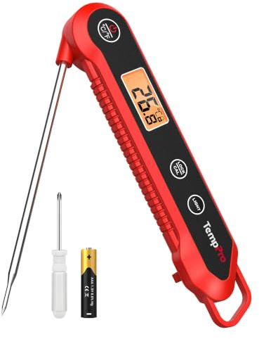 TempPro Digital Food Thermometer Probe, Meat Thermometer for Making, Baking | Foldable Temperature Probe with Calibration/Lock Fuction, Use for Chicken, Beef, Fish, Pork, Ham, Red (Previously ThermoPro)
