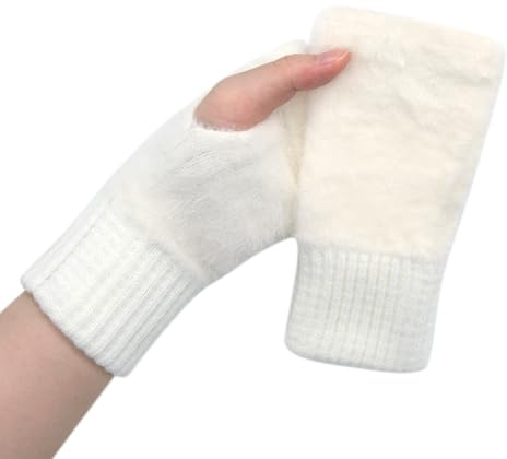 Long Keeper Mitaines Thermiques Sans Doigts pour Femme Hiver Douces et Moelleuses, Demi-Gants Élastiques à Demi-Doigts, Manches Longues, Blanc., taille unique